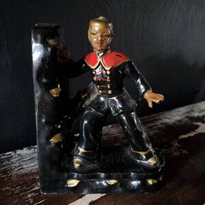 Vintage Hand Painted Ceramic Figurine Of Asian Boy In Red and Black Uniform